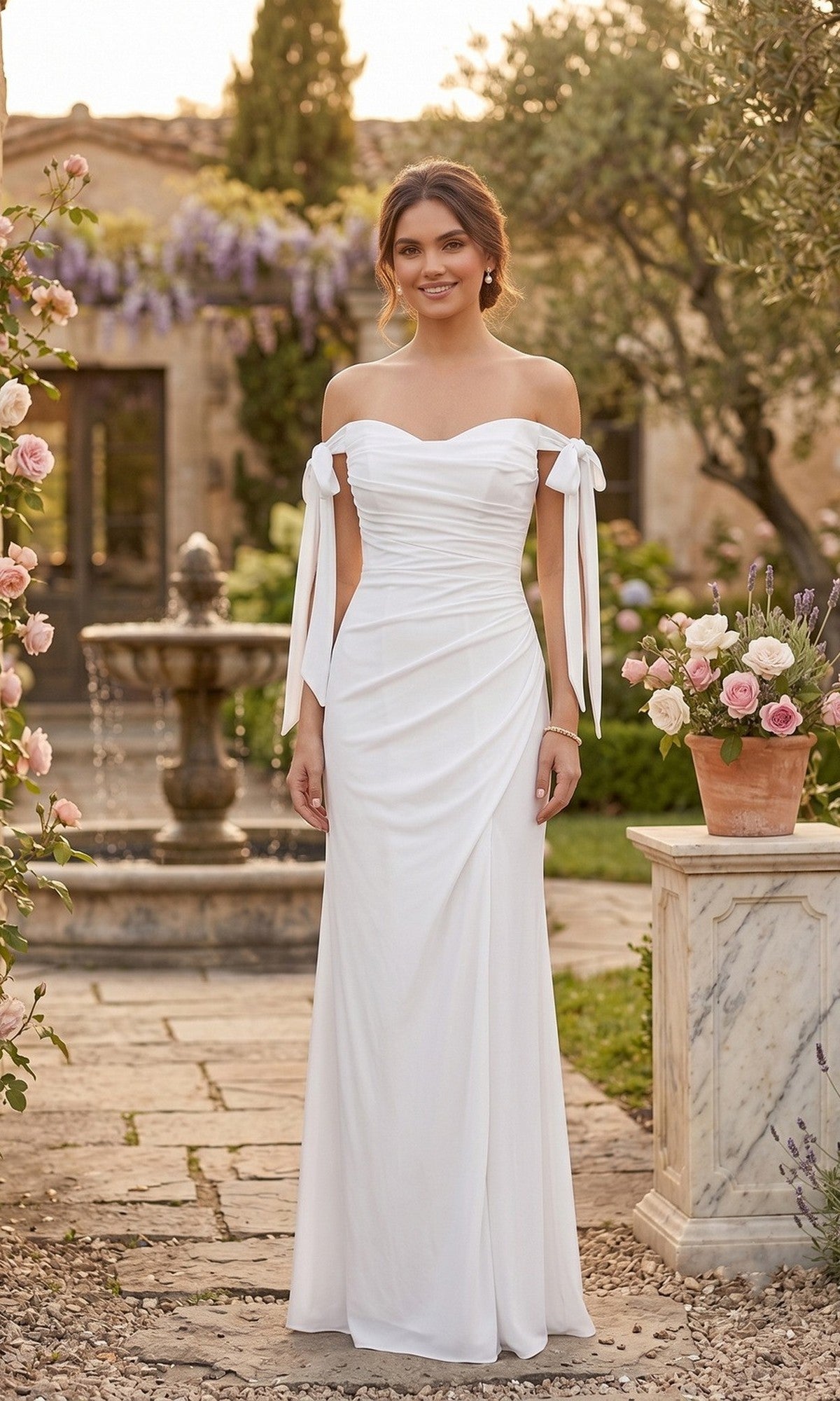 A woman in the Long Prom Dress: Chicas DM8010 in off white, featuring an off-the-shoulder design and a thigh-high slit, stands outdoors by a stone fountain and potted flowers, surrounded by greenery.
